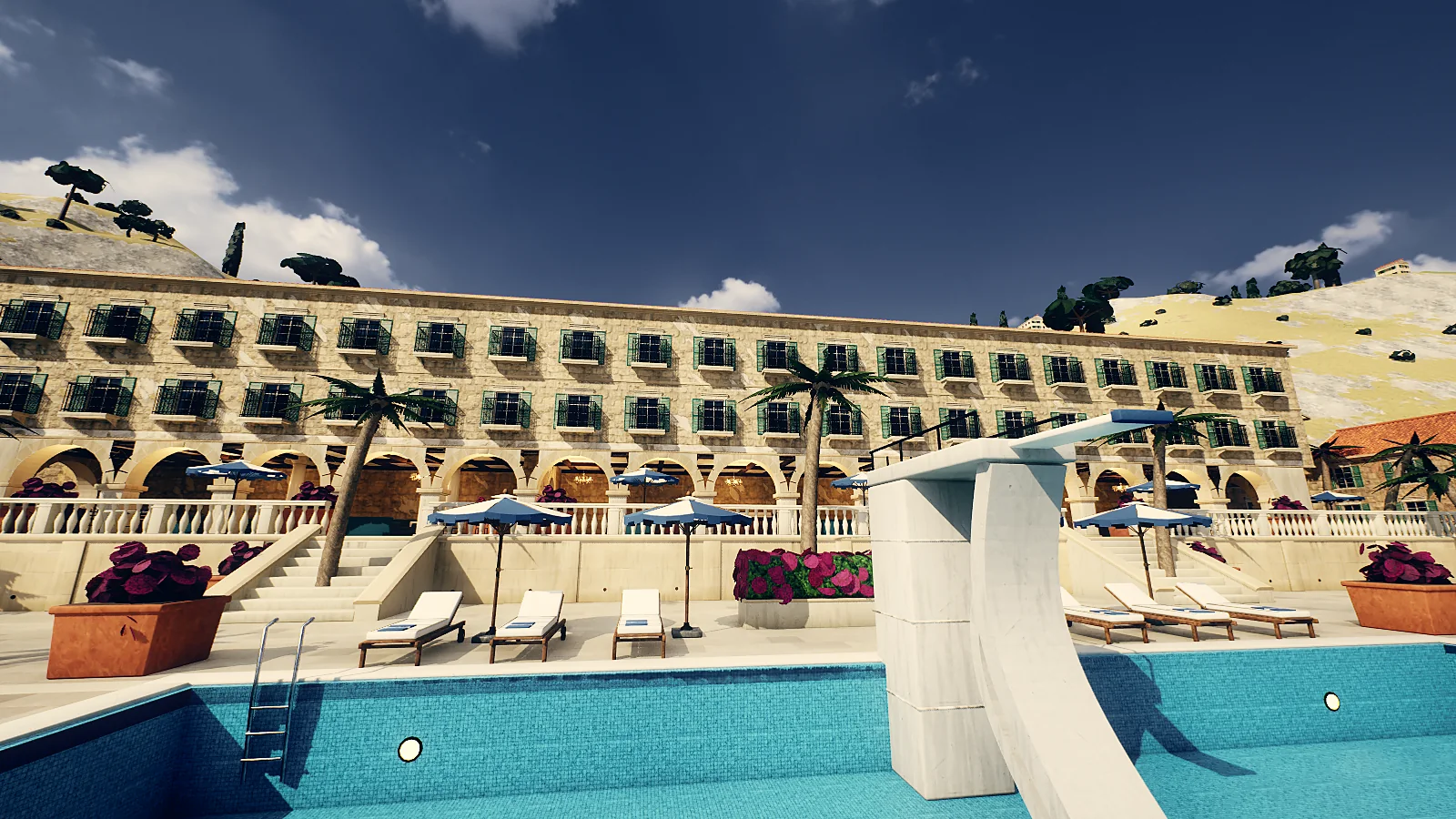 Gezeiten: Poolhof vor der Hotelfassade am Meer